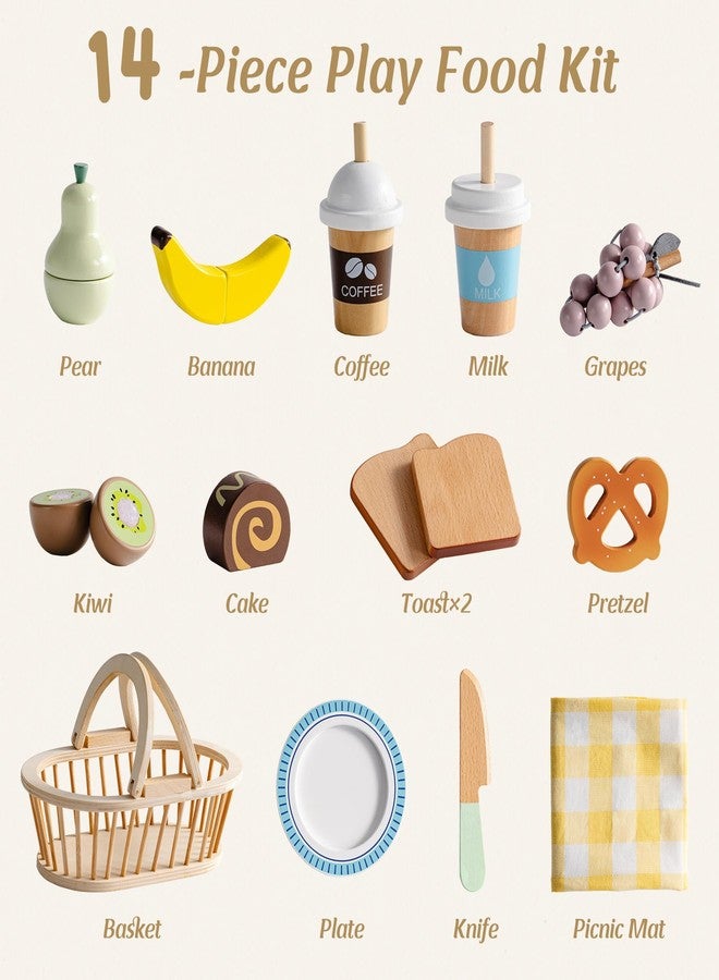 روبوتايم مجموعة طعام لعب خشبية من روبوتايم لمطبخ الأطفال، 14 قطعة من طعام اللعب، سلة نزهة للعب التخيلي مع فواكه وحلويات ومشروبات وأدوات، طعام مطبخ لعب للمرح في الداخل والخارج، مناسب للأطفال من عمر 3 سنوات فما فوق - Image 2